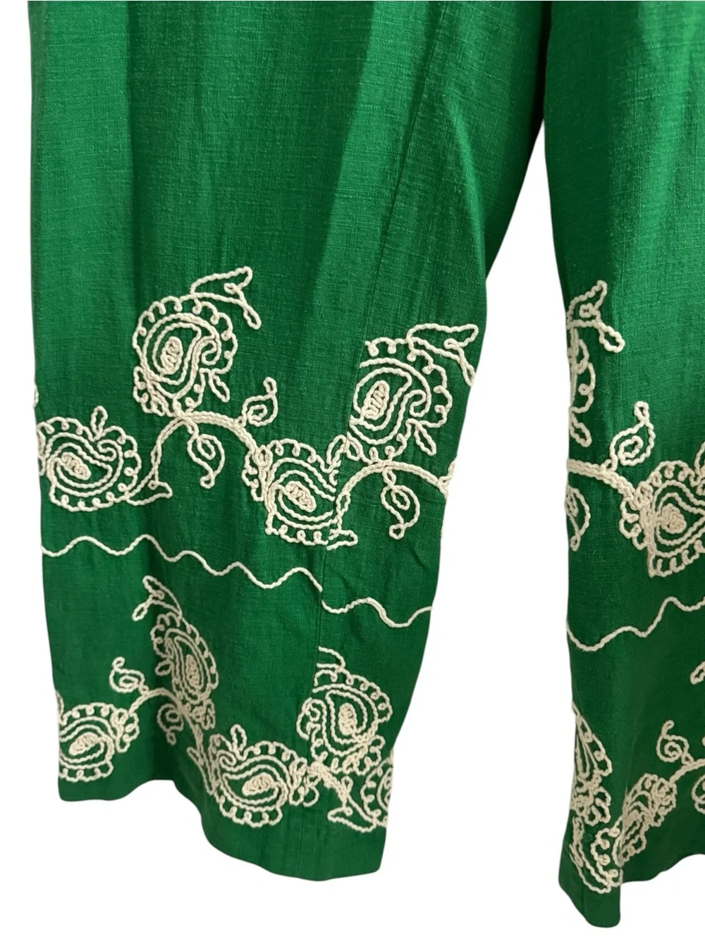 ZARA Green Embroidered Wide Leg Linen Blend Trousers
